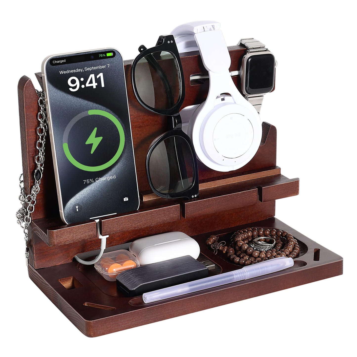 Oraich Wooden Phone Docking Station for Men, Nightstand & Desktop Organizer, Charging Stand for Phone, Watch, Wallet, ipad, Keys & Essentials