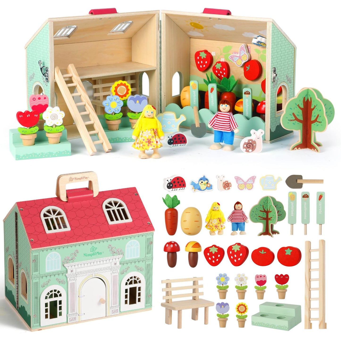 SIMPLIPLAY Montessori Wooden Garden Toys, 45pcs Wooden Dollhouse Kit