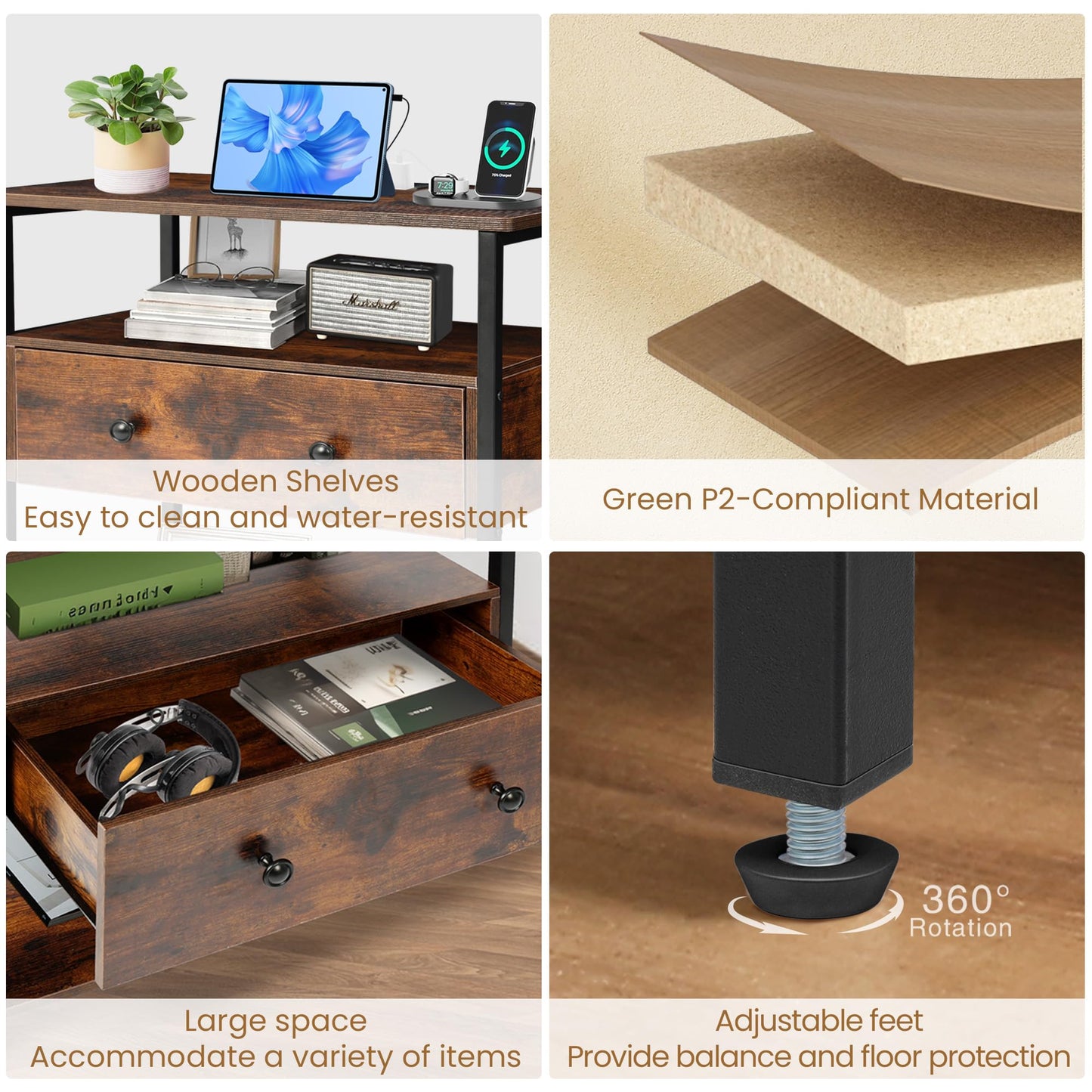 Edbuosy 27 Inch Wide Night Stand with Charging Station, Wood Nightstand with Open Shelf, Large Drawer Bedside Table for Living Room/Bedroom/Office, Retro Brown