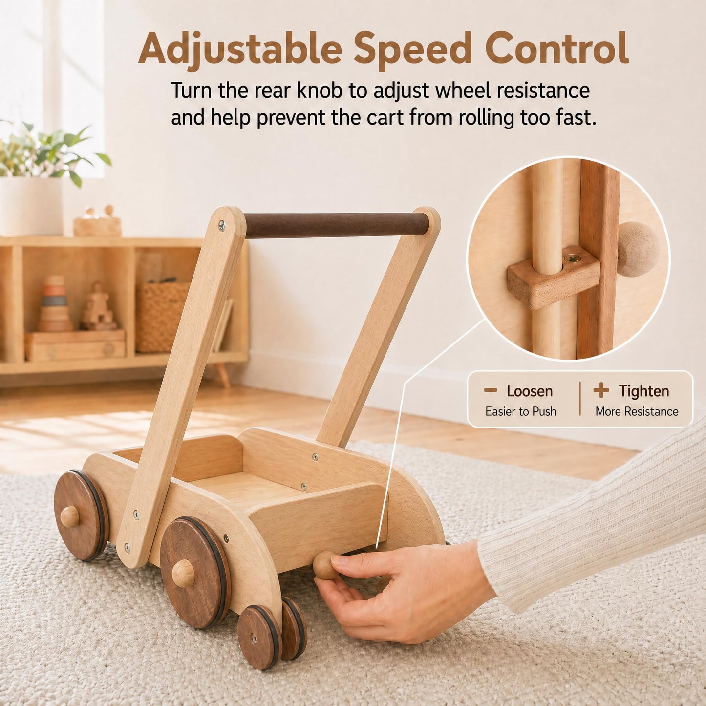 Woodtoe Wooden Baby Walker, Adjustable Speed Anti-Rollover Push Walker Toy for Babies Learning to Walk, Natural Toddler Push and Pull Toys Wagon, Montessori Birthday Toy Gift for Boy Girl 1 2 3 Years