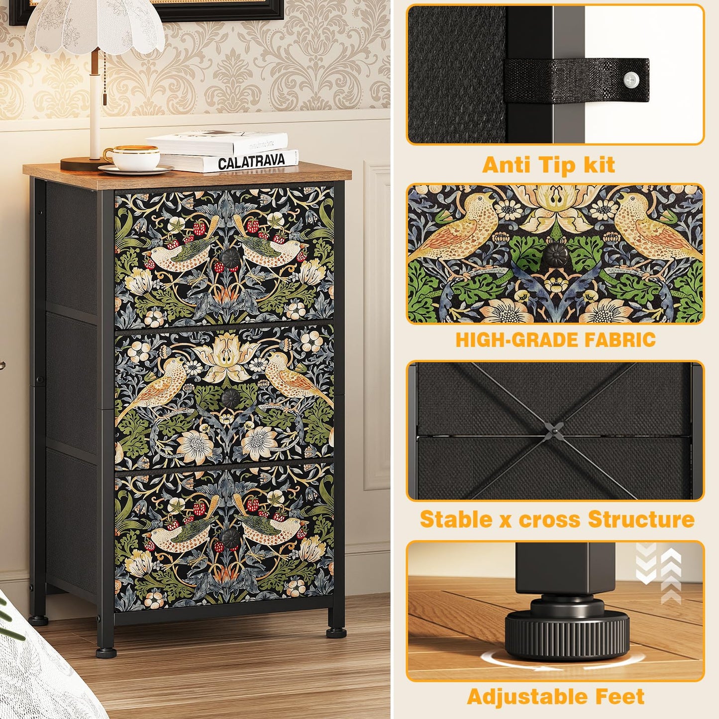 Welfuturer Dresser with 3 Drawers Strawberry Thief Drawer Dresser for Bedroom Vintage Nightstand Small Dressers & Chests of Drawer for Halfway Entryway Living Room Sturdy Steel Frame Wood Top, Brown