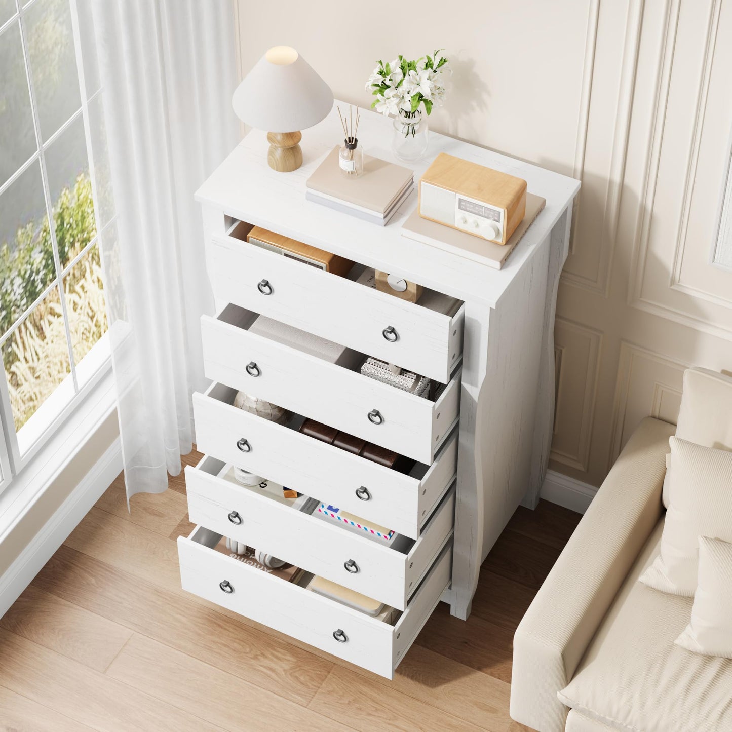 Garvee Nightstand for Bedroom, 5 Drawers & Wooden Top, Modern Bedside Table with Large Storage Space, Organizer Cabinet with Metal Ring Handles for Closet, Hallway, Entryway, White