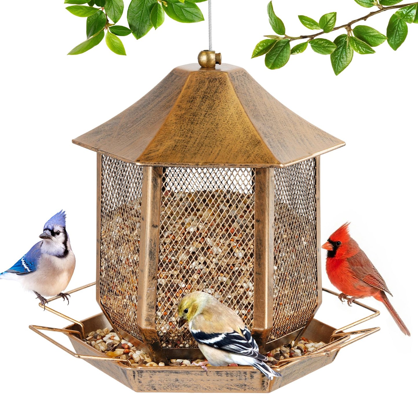 Bird Feeder, Heavy Duty Metal Bird Feeders for Outdoors Hanging, Weather Resistant Wild Bird Feeders for Outside Garden Yard, 3.5LB Seed Capacity, Hexagon Gazebo Style