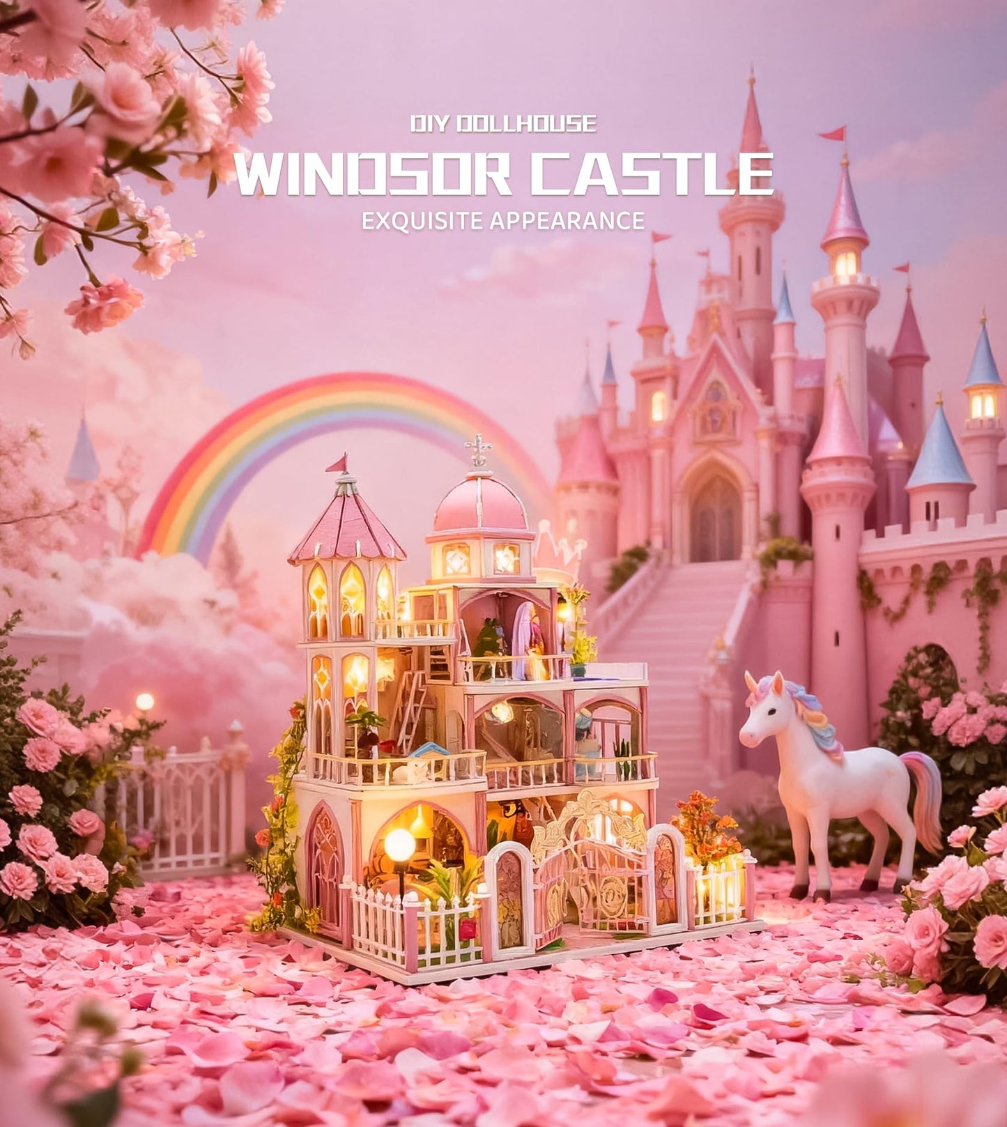 Roroom DIY Miniature House Kit, Windsor Castle Book Nook Kit with LED Light,3D Wooden Puzzle Miniature Dollhouse Kit for Bookshelf Decor-Creative Crafts for Family and Friends
