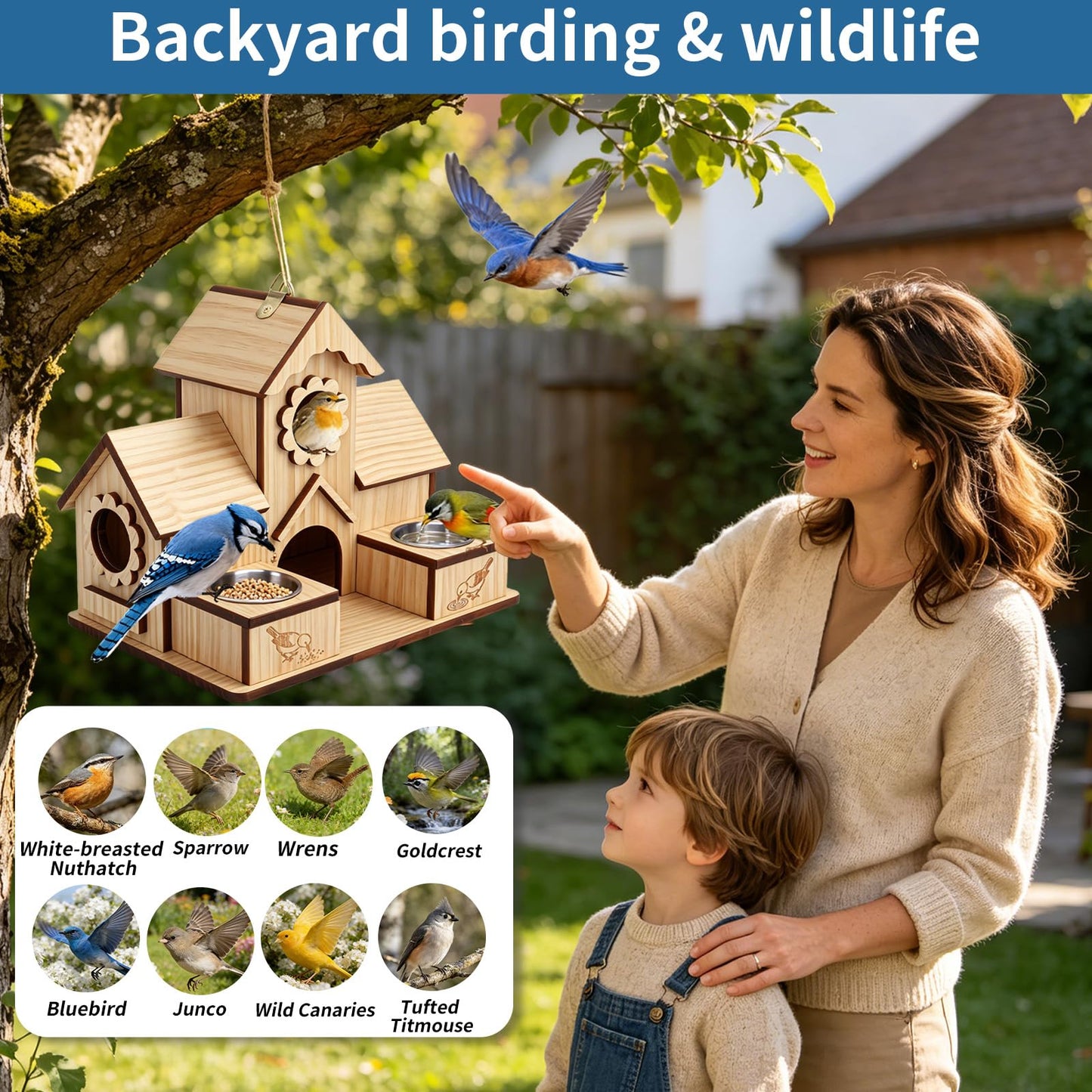 SORNADELUVRIX Bird House for Outdoors, 4-Hole Hanging Birdhouse, Bluebird House with Stainless Steel Feeding Tray, Cedar Wood Nesting Box for Wrens, Chickadees and Swallows