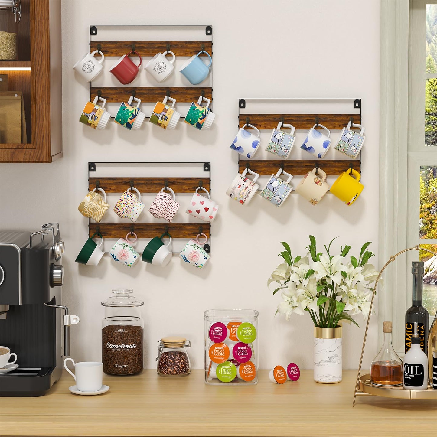 Huxitocan Wall Mount Coffee Mug Holder - Rustic Wood and Iron, Holds Up to 24 Mugs (3Pack) for Kitchen, Home, Coffee Bar