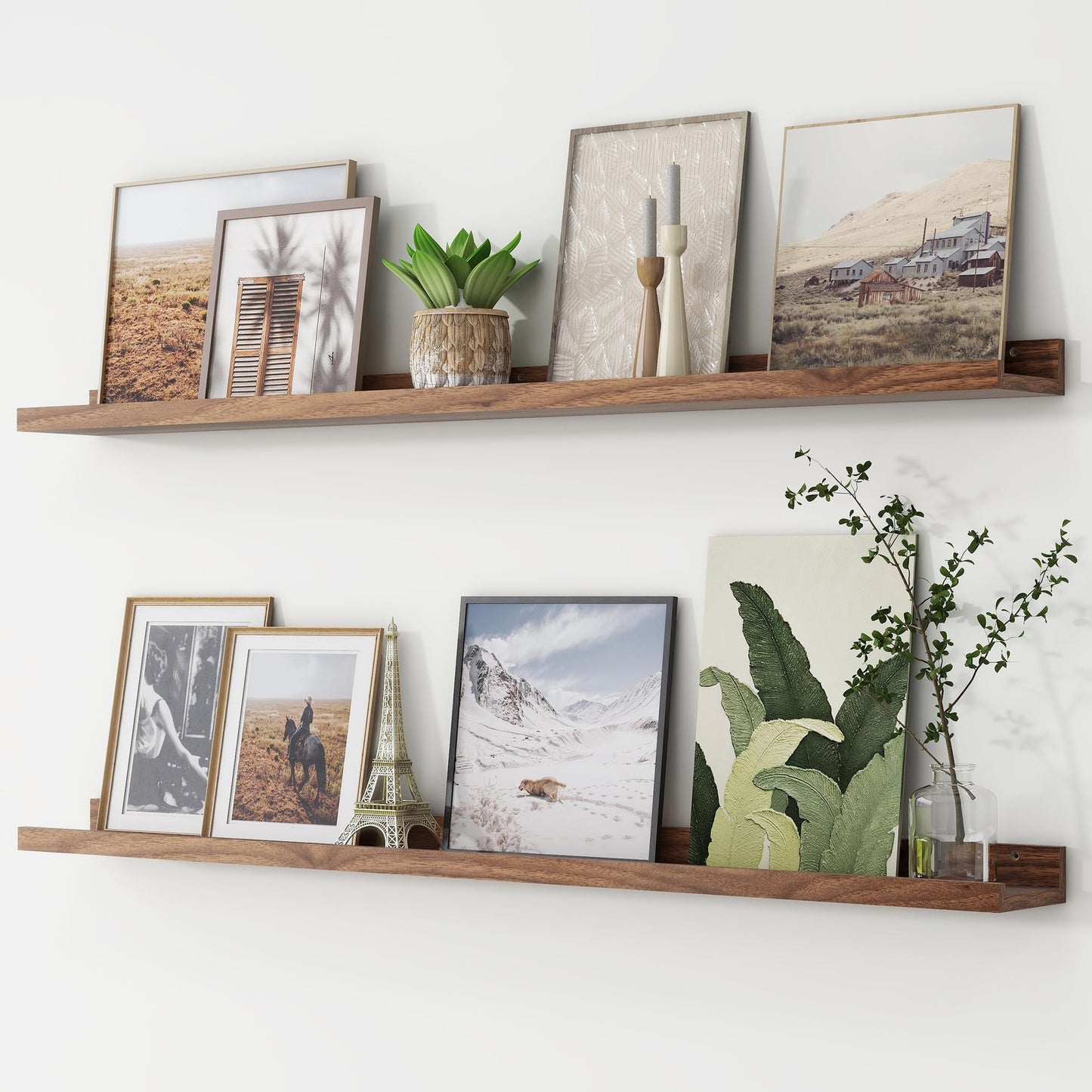FLYJOE Picture Ledge Shelf, Floating Shelves Set of 2, 48 Inches Long Large Nursery Book Shelves for Toys Storage, Kids Bookshelf Wall Mounted for Living Room Bedroom Decor Books Photo Frames, Walnut