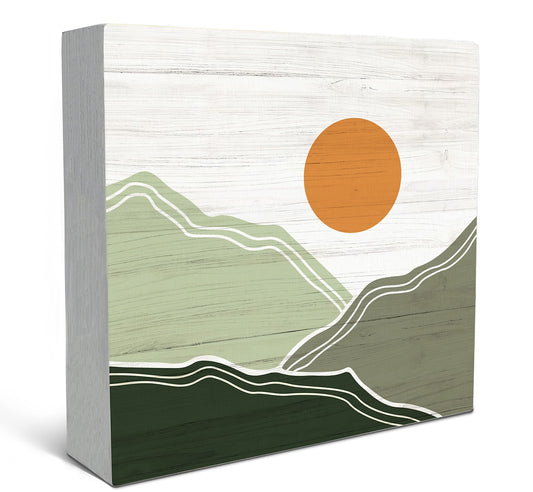 SRADMO Abstract Boho Sun Green Mountains Wood Box Sign Desk Decor, Bohemian Nature Landscape Wooden Block Box Sign Decoration For Home Office Shelf Table Decor