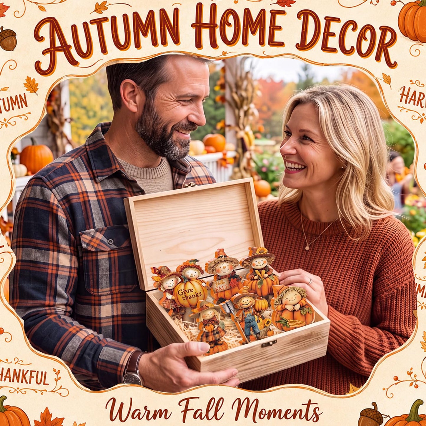 Vicenpal 6 Pieces Fall Decor Wooden Scarecrow Pumpkin Figurines Rustic Autumn Harvest Tabletop Decoration for Thanksgiving Home Kitchen Centerpiece, Shelf Sitter Holiday Display