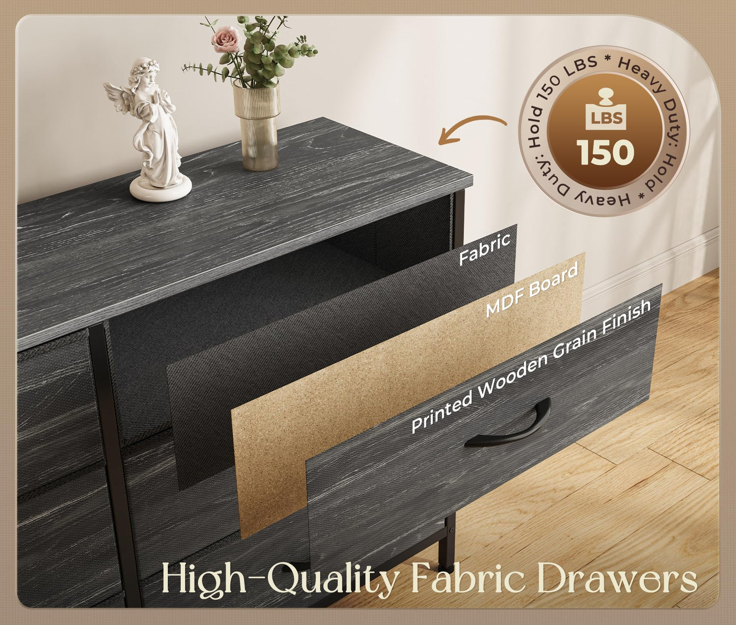 Huuger 86.6 Inch Dresser for Bedroom, TV Stand for 65, 75, 85 Inch TV, 15 Fabric Drawer Long Dresser, Large Entertainment Center for Bedroom, Wide Chest of Drawer with Storage, Charcoal Black