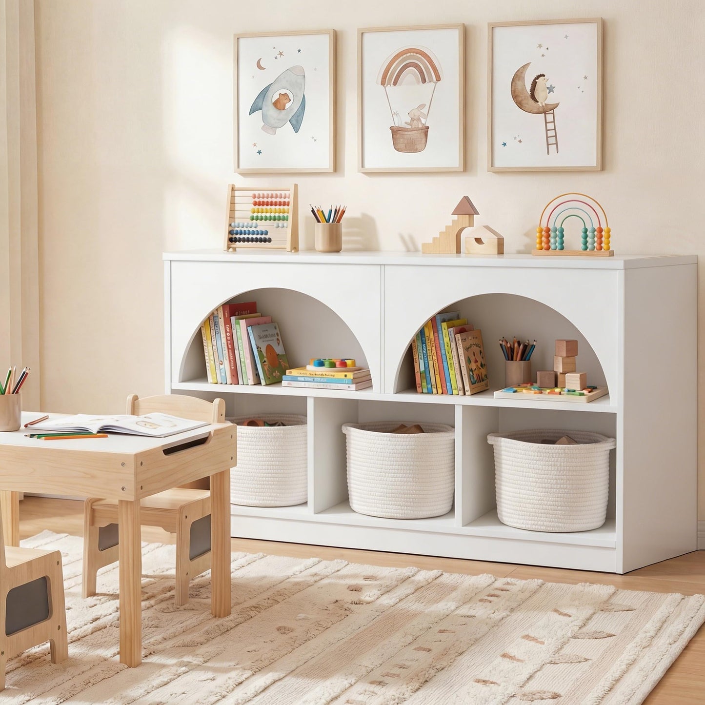 Fatmok 4 Pack Montessori Bookshelf, Modern Arched Wooden Toy Organizer, 5-Section Storage Shelf with Curved Edge, Decorative Furniture for Kids Room Play Area Nursery Kindergarten, White