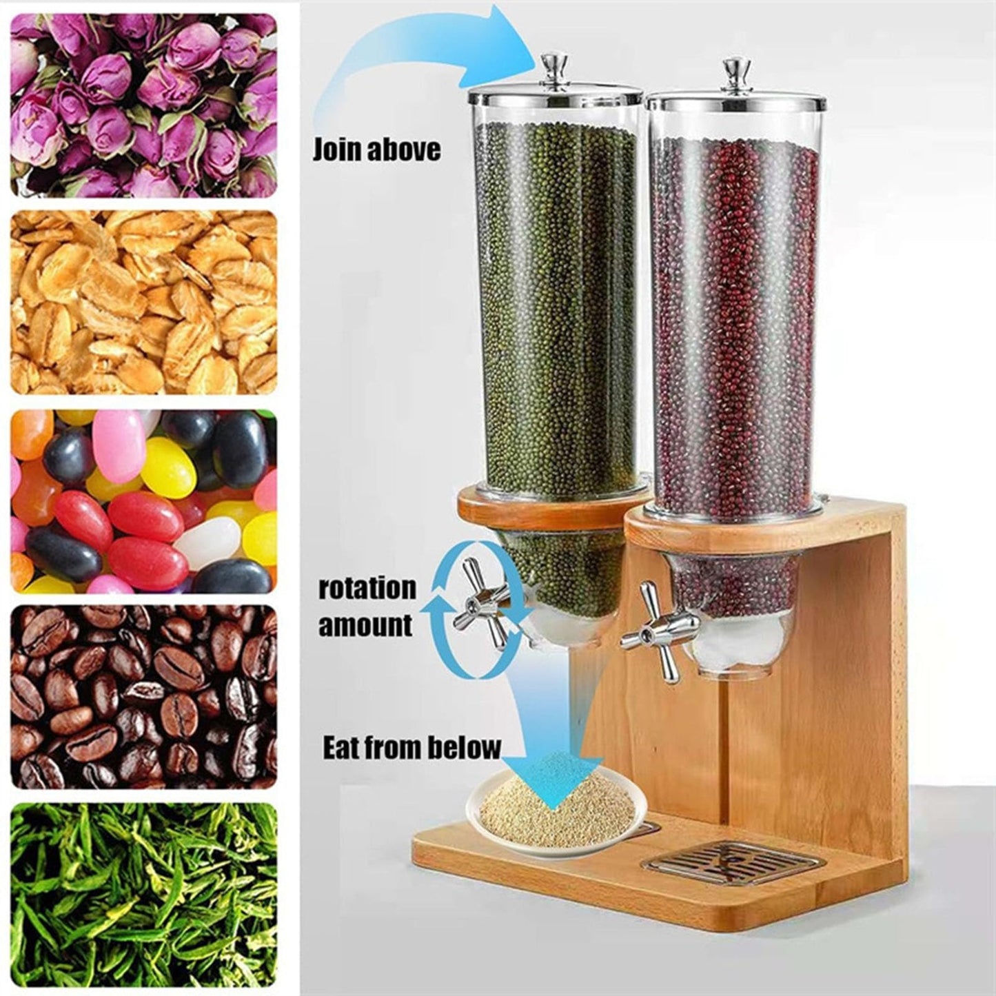 Litelogy Cereal Dispenser with Wooden Base, 3 Barrels Airtight Dry Food Container, 4L Each Countertop Organizer for Oats, Grains, Nuts, Beans, Rice