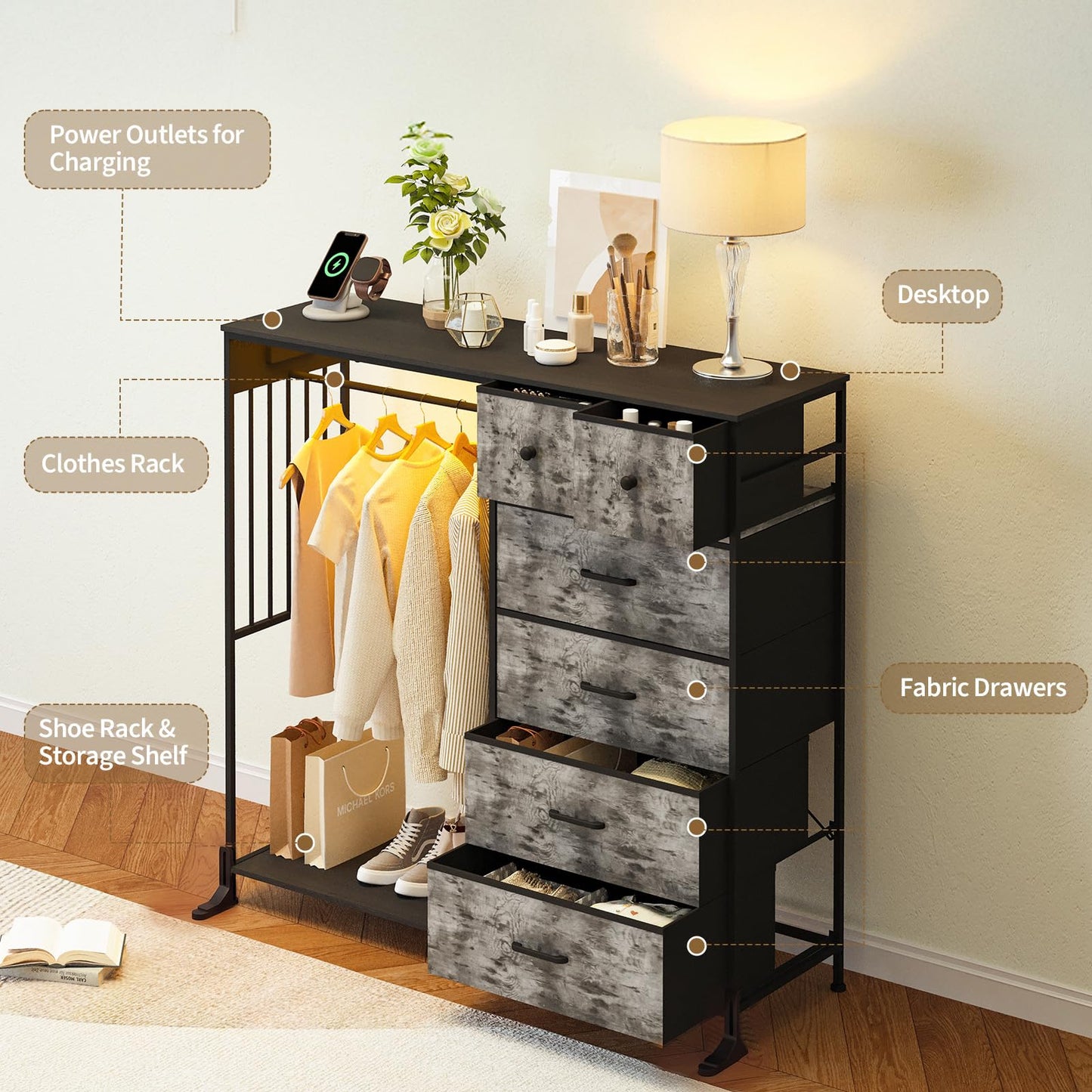 IDEALHOUSE 6 Drawers Dresser for Bedroom with Hanging Rack, LED Lights & Charging Station, Fabric Dressers & Chest of Drawers with Rack, Wooden Top, Grid Panel