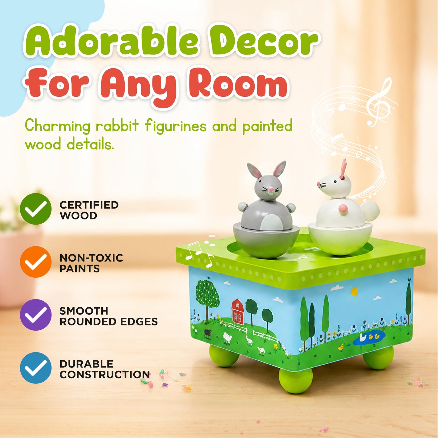 Jack Rabbit Creations Dancing Bunnies Wind-Up Music Box – Plays Here Comes Peter Cottontail – Wooden, Battery Free – Easter Gift & Basket, Bunny Decor, Ages 3+