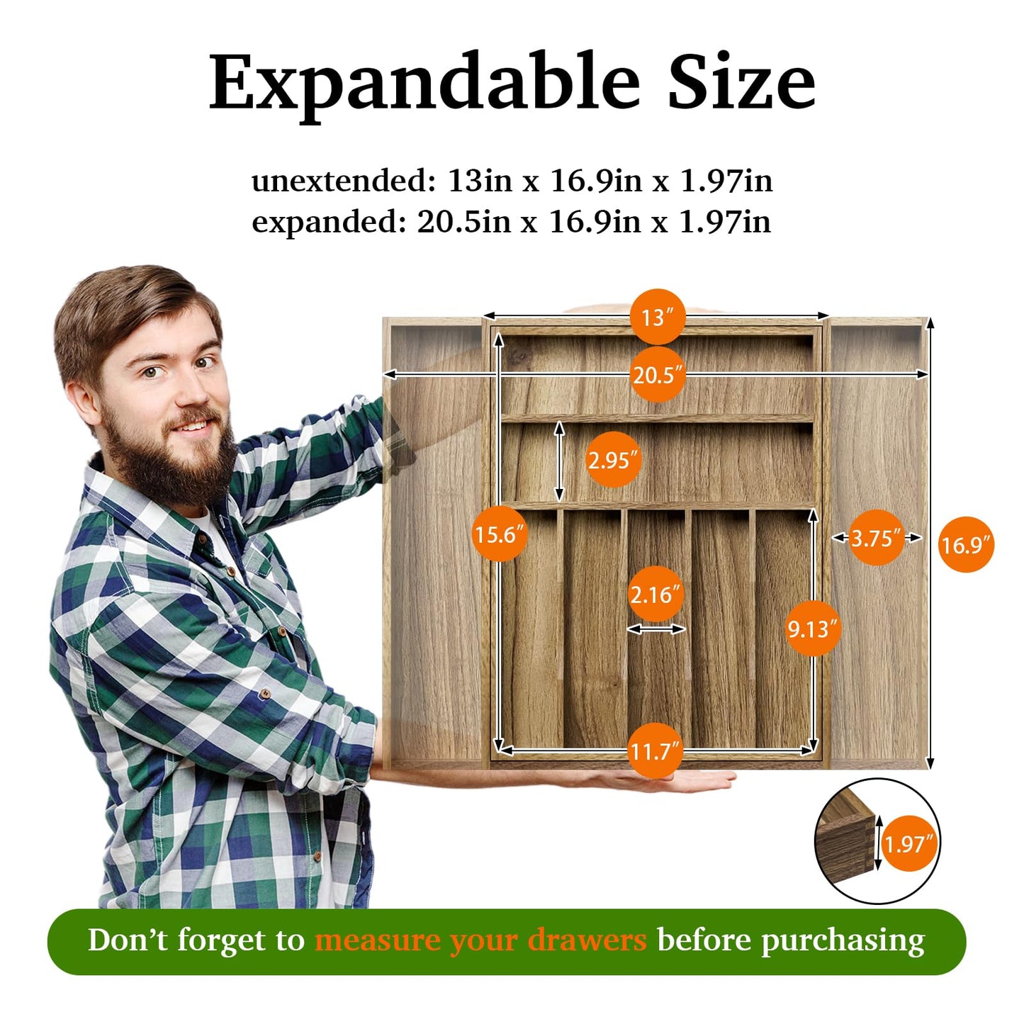 Kiasthome Acacia Wood Kitchen Silverware Drawer Organizer, Expandable Utensil Cutlery Drawer Organizer with Dividers, Flatware Organizer Silverware Tray for Spoon, Fork, 13''-20''x16.9'' (7-9 Slots)