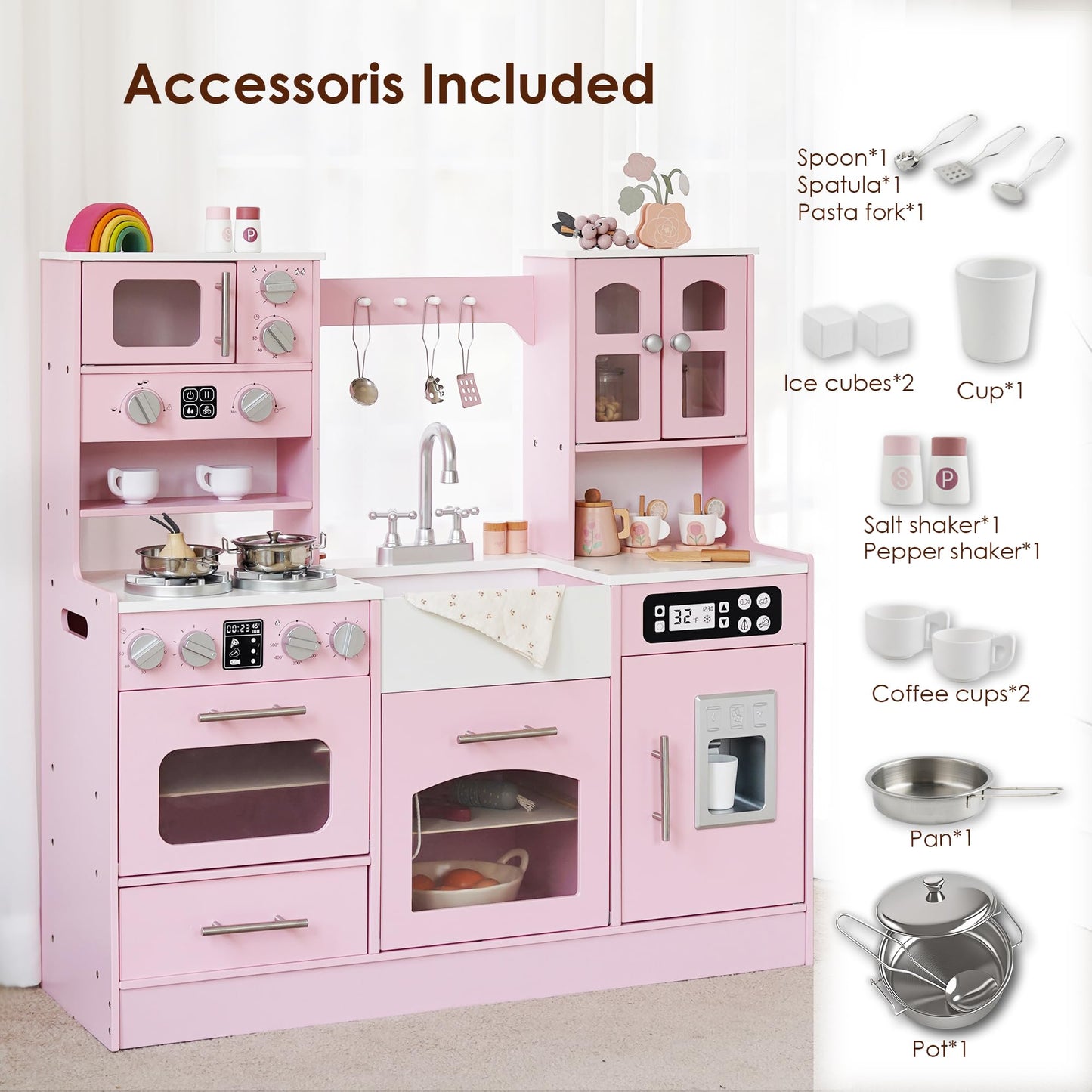 Wooden Play Kitchen for Toddlers and Kids with Lights & Sounds, Large Interactive Pretend Play Set with Ice Maker, Stove, Sink, Oven, 12 Accessories - Ages 3-8