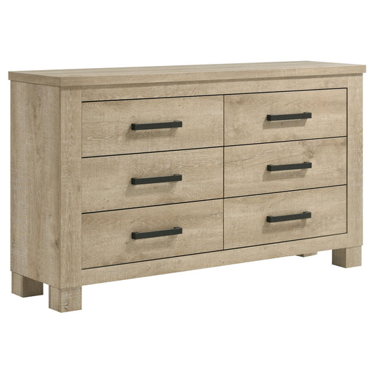 Coaster Home Furnishings - Oakglen - Engineered Wood - 6-Drawer Dresser with Rustic Style, Dark Bronze Handles, Rectangular Shape - Bedroom - Weathered Oak - 225103