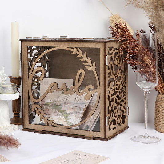 CYAOOI Wooden Wedding Card Box for Reception, Rustic Gift Card Box Holder with Slot and Acrylic Window, Vintage Envelope Money Card Box for Wedding Graduation Party Birthday Baby Shower Decorations
