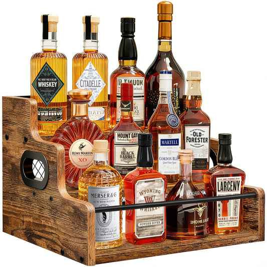 Homode Liquor Bottle Display Shelf, 3 Step Coffee Syrup Rack Organizer, Countertop Liquor Wine Rack, Mini bar, Liquor Cabinet, Home Retro Bar Shelf Stand for Whiskey Alcohol Drink