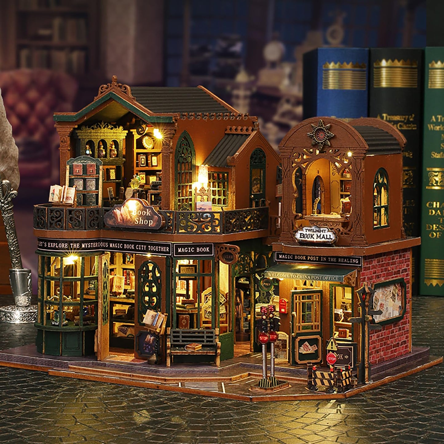 DIY Book Nook Kit - DIY Miniature Dolls House Kit with Furniture and LED Light, 3D Puzzle Wooden Art Bookends, Model Kits for Adults to Build (Twilight Bookstore)