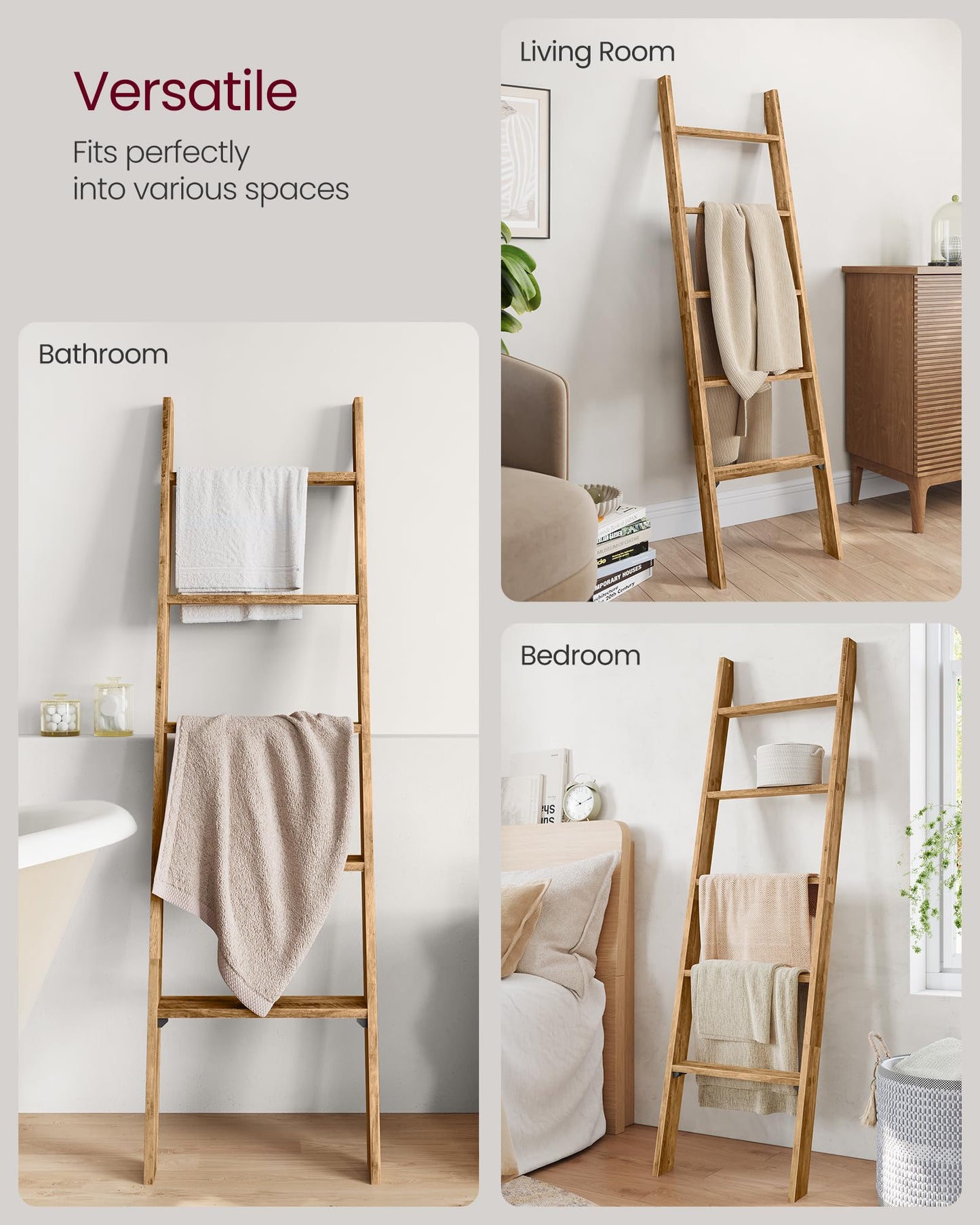 VASAGLE CUSTOS Collection - Blanket Ladder Decorative Farmhouse for the Living Room, 5-Tier Ladder Shelf, Ladder Rack for Storage and Decor, Honey Brown ULLS018K41