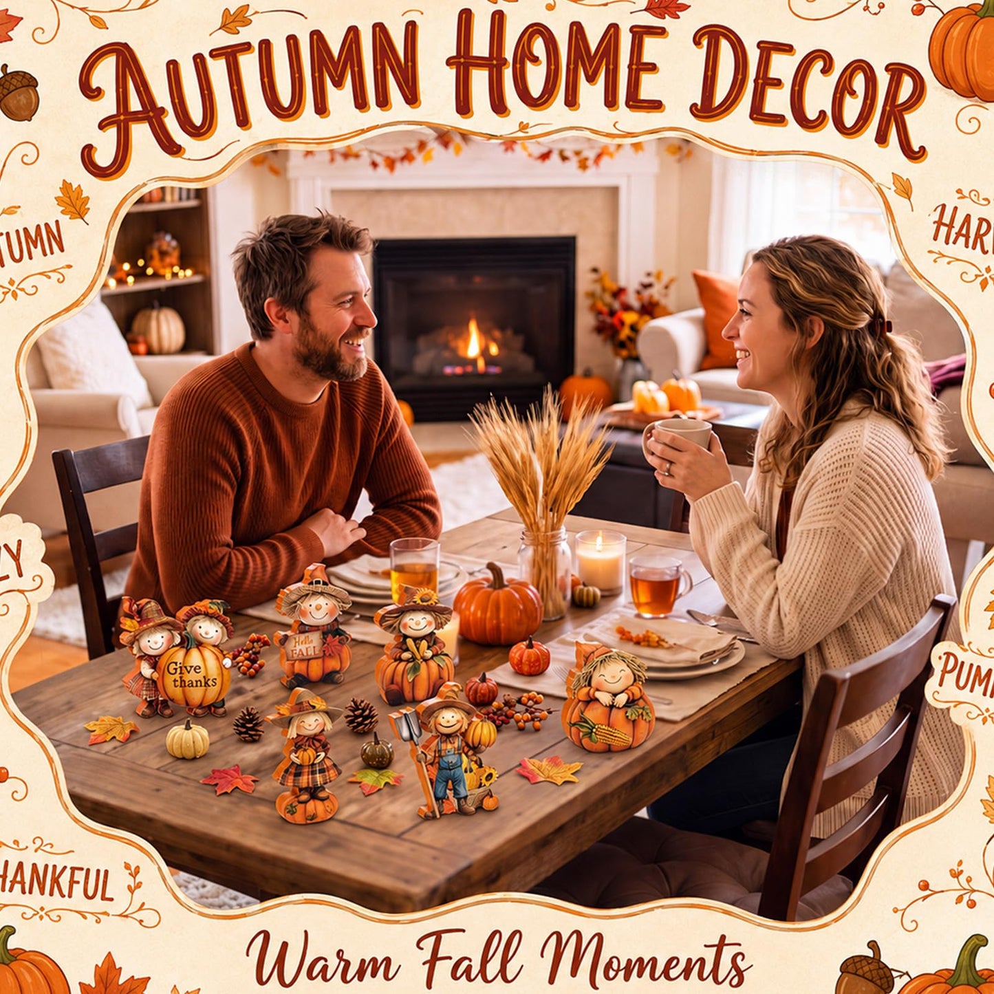 Vicenpal 6 Pieces Fall Decor Wooden Scarecrow Pumpkin Figurines Rustic Autumn Harvest Tabletop Decoration for Thanksgiving Home Kitchen Centerpiece, Shelf Sitter Holiday Display
