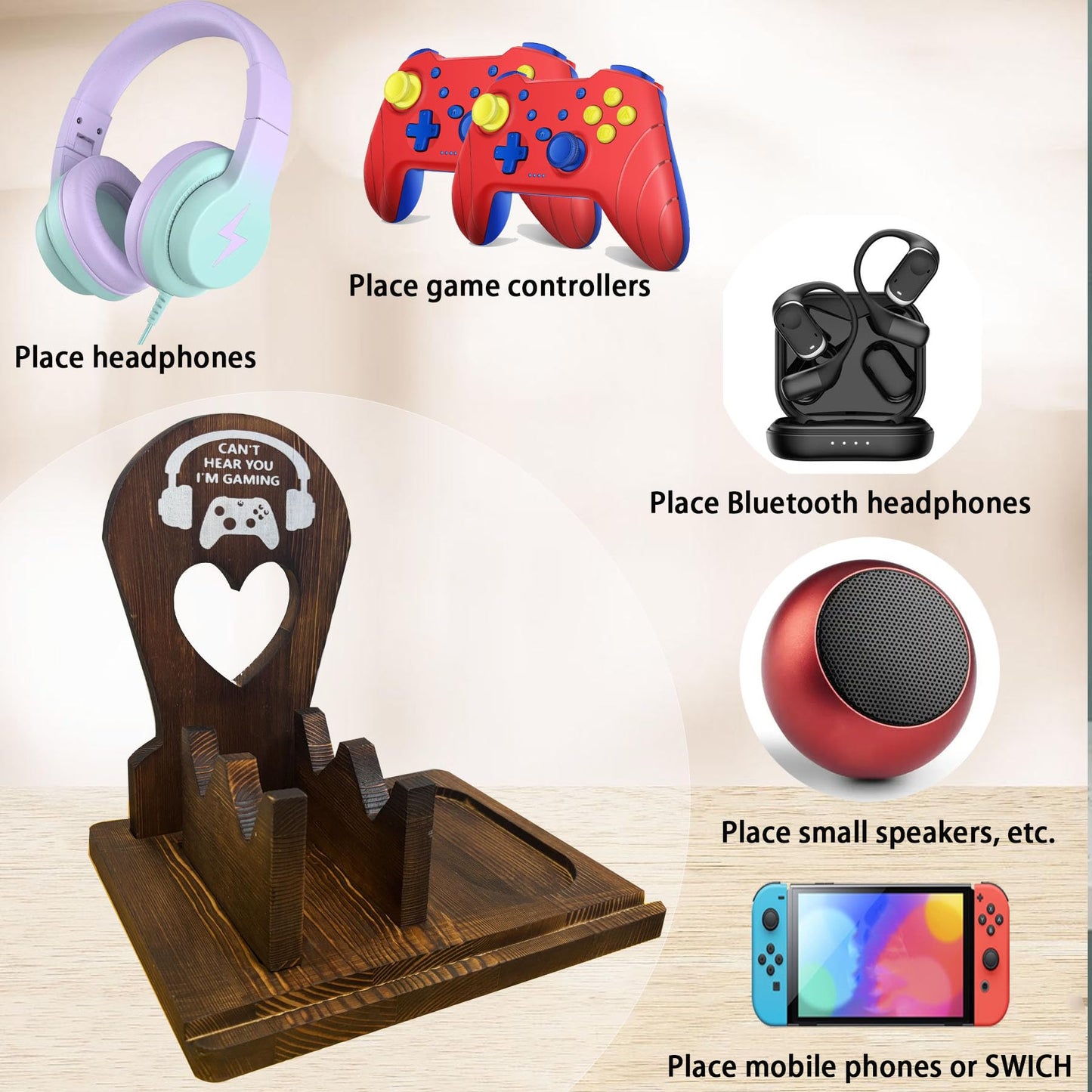 ZHYEED Wooden Headset Stand with Controller Holder - Multi-Functional Gaming Organizer for Desk, Detachable Design w/Phone Slot - Perfect Gamer Gift for Men, Dad, Graduation
