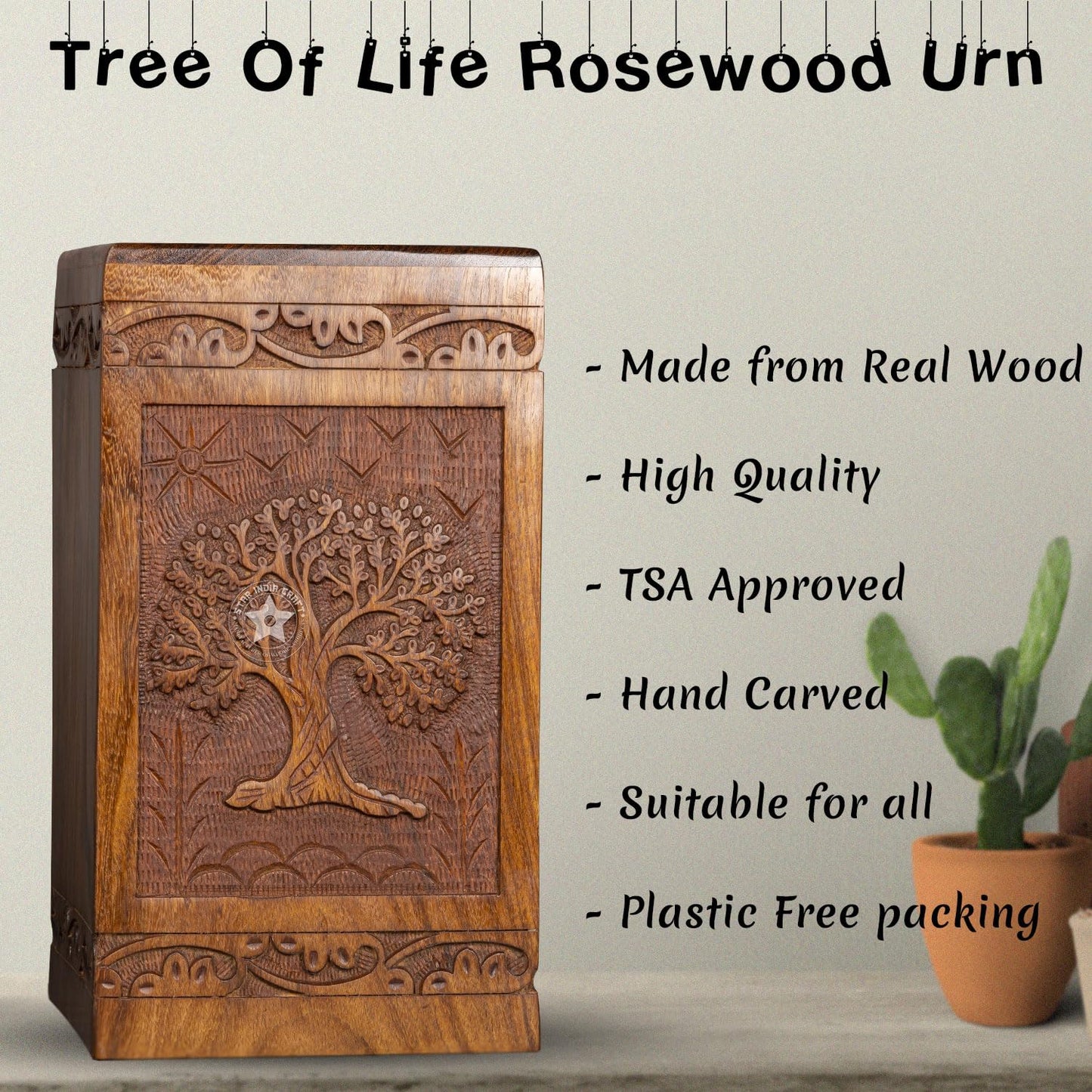 SIC Urns for Human Ashes Adult - Wooden Cremation Box for Dad Mom Men & Women, Soulful Tree Carved Rosewood Funeral Memorial Keepsake, Holds an Adult up to 180 Cubic Inches