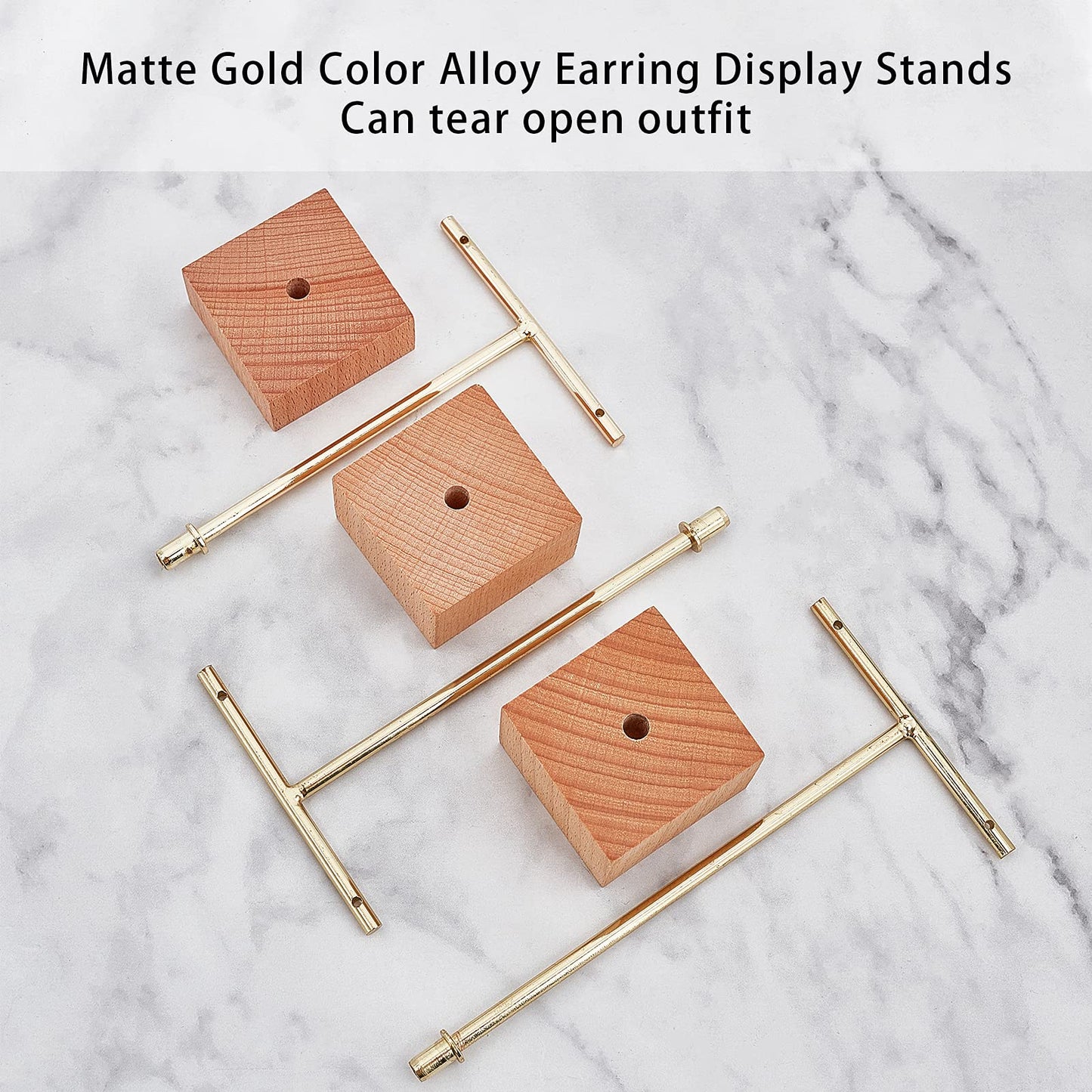 FINGERINSPIRE 3 Pcs Gold Metal T Bar Earring Display Stand 6.3/5.5/4.5 Inch Height Jewelry Stand with Wooden Square Base Earring Hanging Holders Jewelry Organizer for Store Retail Photography Props