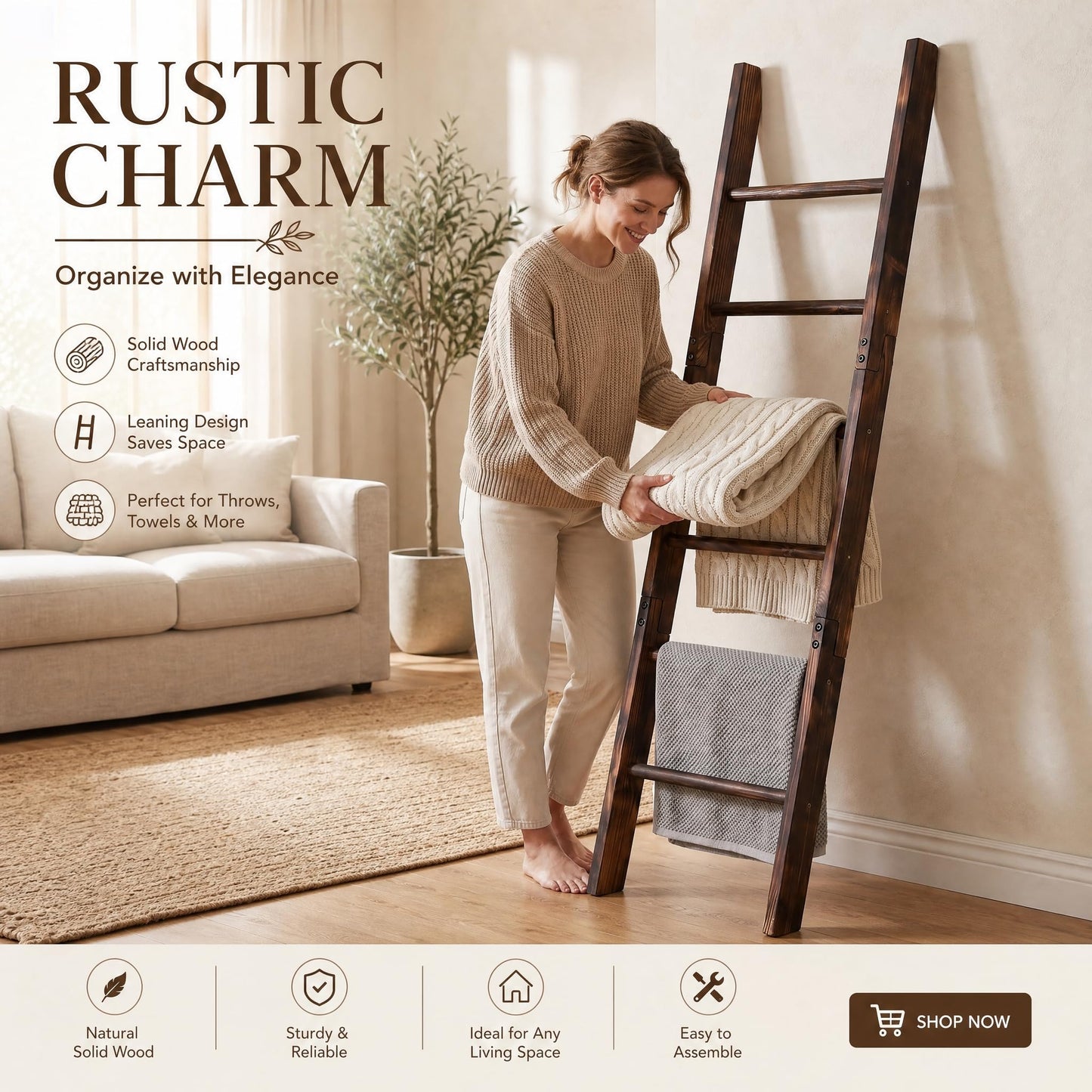 Carbonized Farmhouse Blanket Ladder, 6-Tier Rustic Wooden Rack