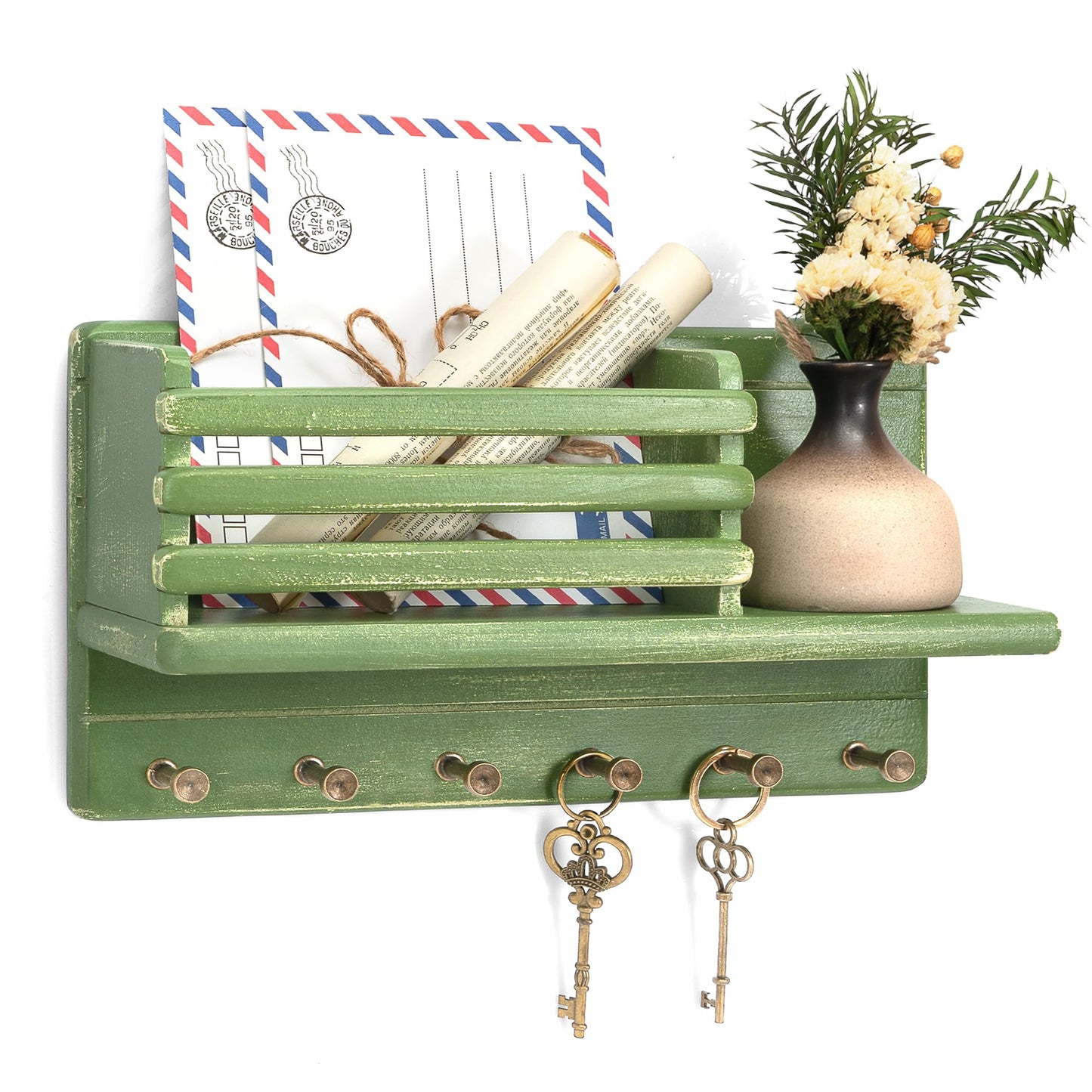 Rebee Vision Pine Wood Key Holder Wall Mount for Room Decor– 6 Hooks for Umbrella & Hats - Wooden Key Holder for Wall with Mail Slot Can Store Letters and Postcard (Green)