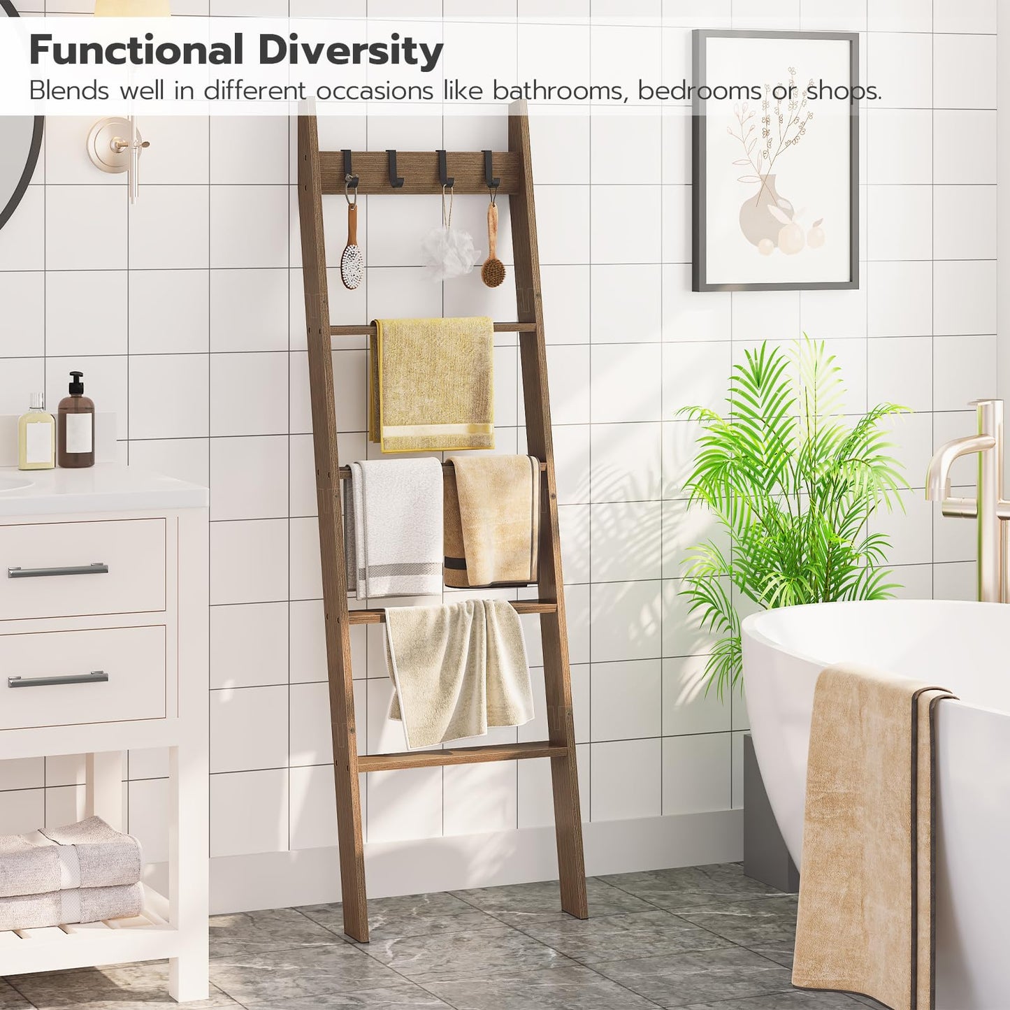 HOOBRO Blanket Ladder for Living Room and Bedroom, 5-Tier Wall Leaning Towel Rack for Bathroom, Decorative Ladder Shelf with 4 Removable Hooks, Farmhouse Blanket Storage, Mocha MA51CJ01G1