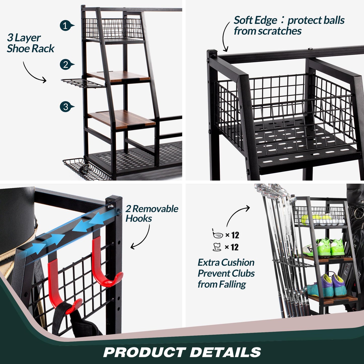Sttoraboks 3 Golf Bags Storage Garage Organizer, Golf Bag Rack Fits 3 Golf Bags and Golf Equipment Accessories, Golf Club Storage Stand with Wooden Shelf and Lockable Wheels for Garage Indoor Basement