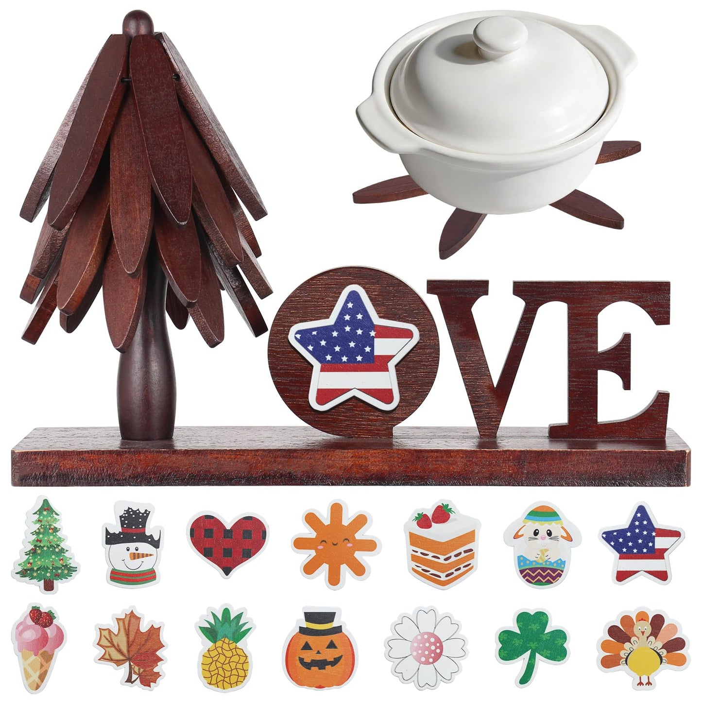 Wooden Trivets for Hot Dishes, 4 Piece Set Foldable Kitchen Wooden Trivet Interchangeable Love Sign, for Hot Dishes, Pot, Bowl, Teapot, Hot Pot Holder, for Home Table Valentines Day Mom Decor.