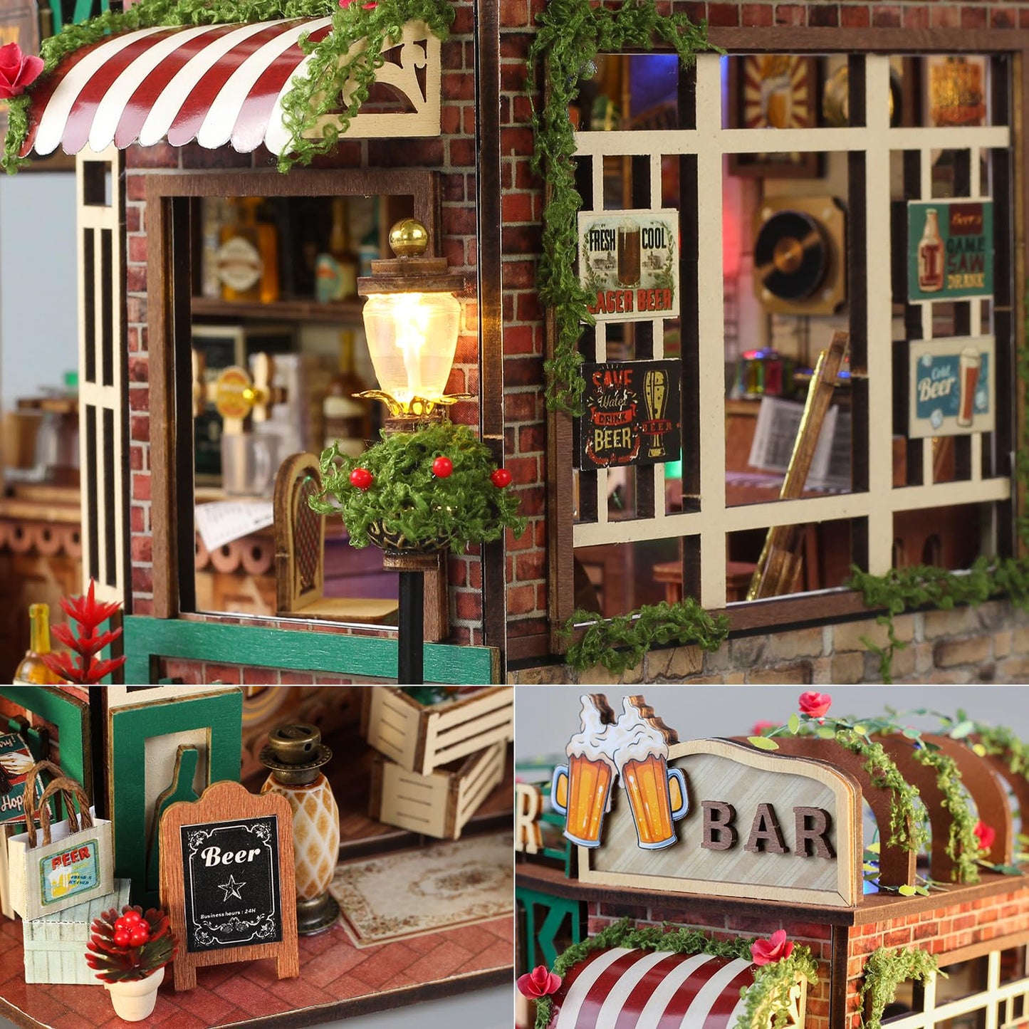 TuKIIE DIY Miniature House Kit with Furniture, 1:24 Scale Creative Room Mini Wooden Dollhouse Book Nook for Kids Teens Adults(Beer Bar)