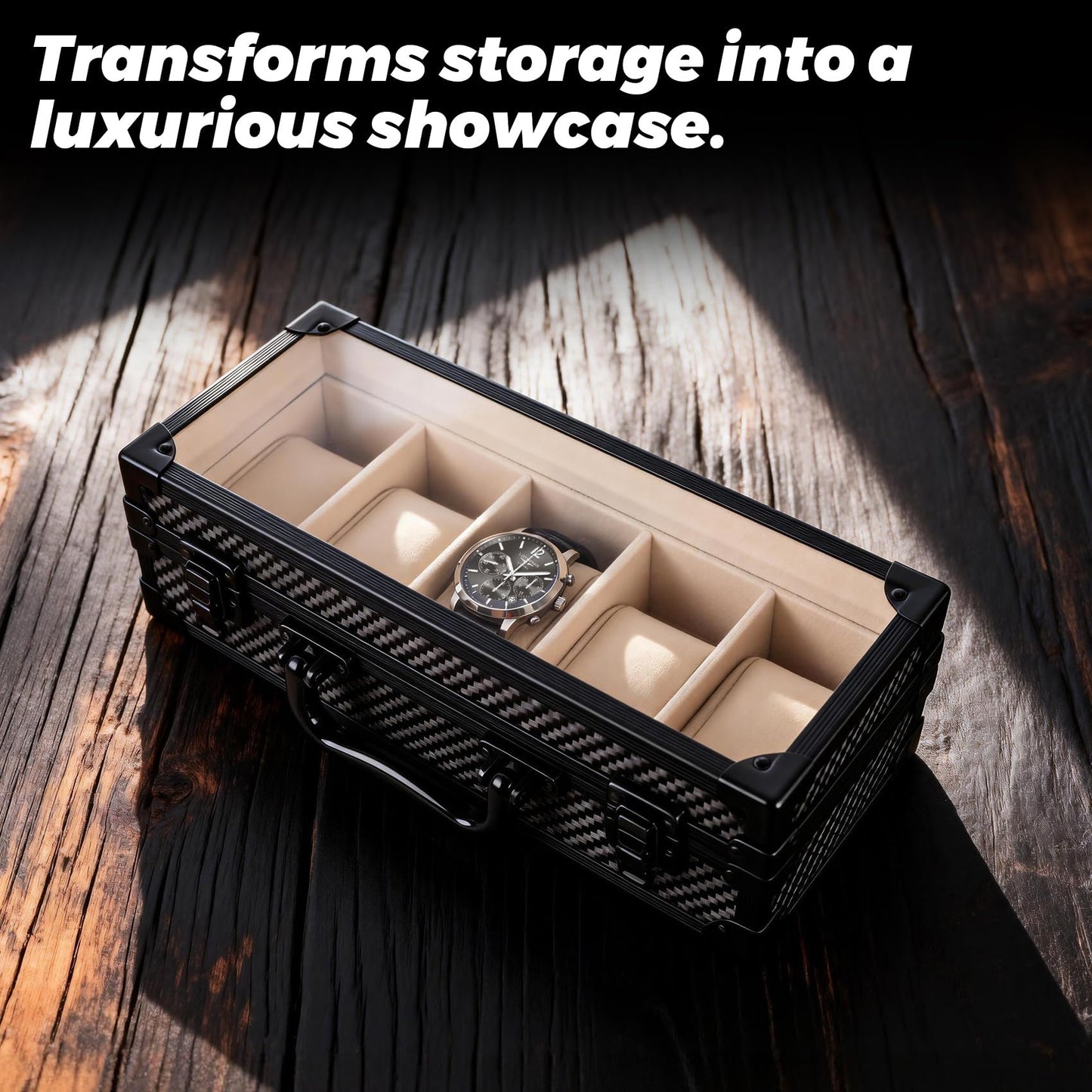 DOBEN Watch Box for Men, Carbon Fiber Hard Watch Case with Plush Interior, 5-Slot Storage Watch Organizer, Luxury Gift Box for Collectors