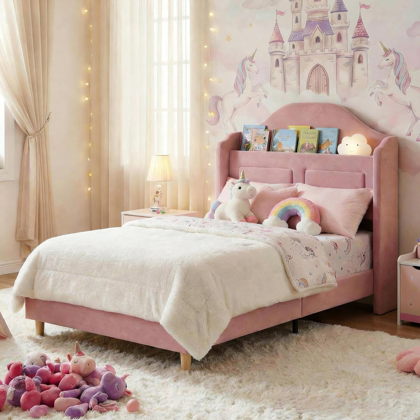 IDEALHOUSE Twin Bed Frames for Kids/Girls, Wingback Velvet Platform Bed with LED Lights for Princess, Upholstered Storage Headboard, Wooden Slats Support, No Box Spring Needed, Pink