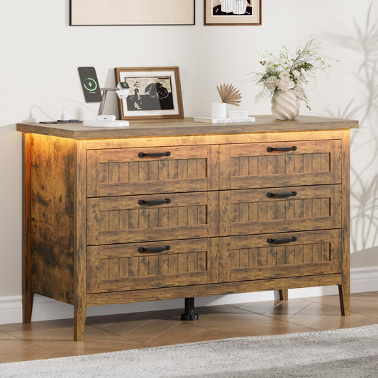 Garvee 6 Drawer Dresser with Power Outlet & LED Lights, Rustic Brown