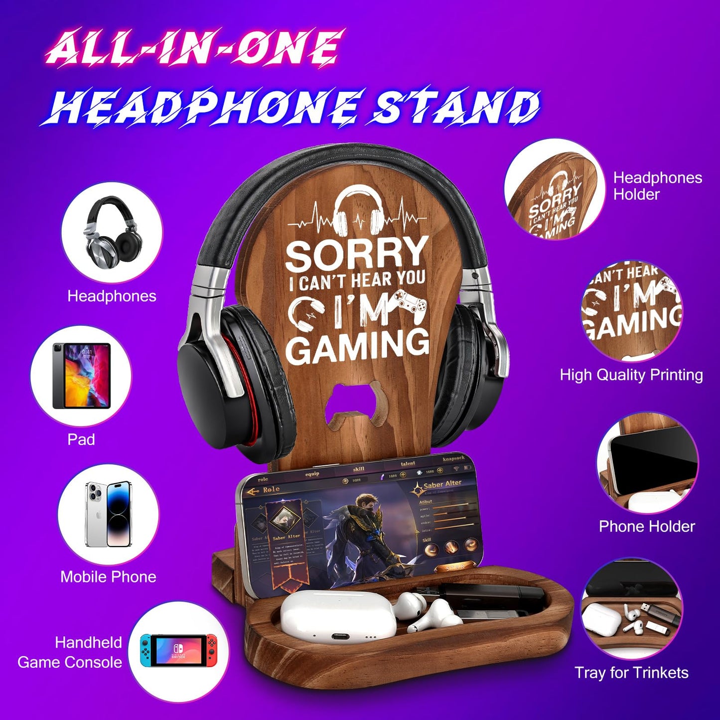 CryCarrot Gamer Gifts for Men Teenage Boys Birthday Fathers Day, Headphone Stand Gaming Birthday Gifts for Him Men Son Boyfriend Brother, Gamer Lovers Room Decor Stuff Wooden Headset Holder