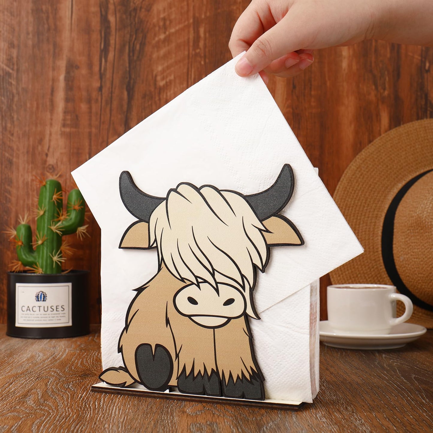 FYSUIMU 2 Pcs Wooden Highland Cow Napkin Holder Standing Brown Wooden Paper Holder Napkin Tissue Dispenser for Dining Room Cocktail Kitchen Table Countertop Decor