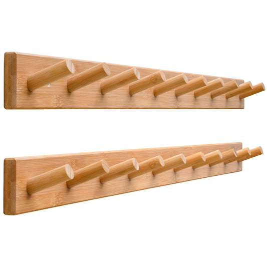 SKOLOO Wood Coat Rack Wall Mounted,10 Peg Long Bamboo Hook for Hanging Backpack Coat Towel Hat,16'' Hole to Hole,Pack of 2,Natural