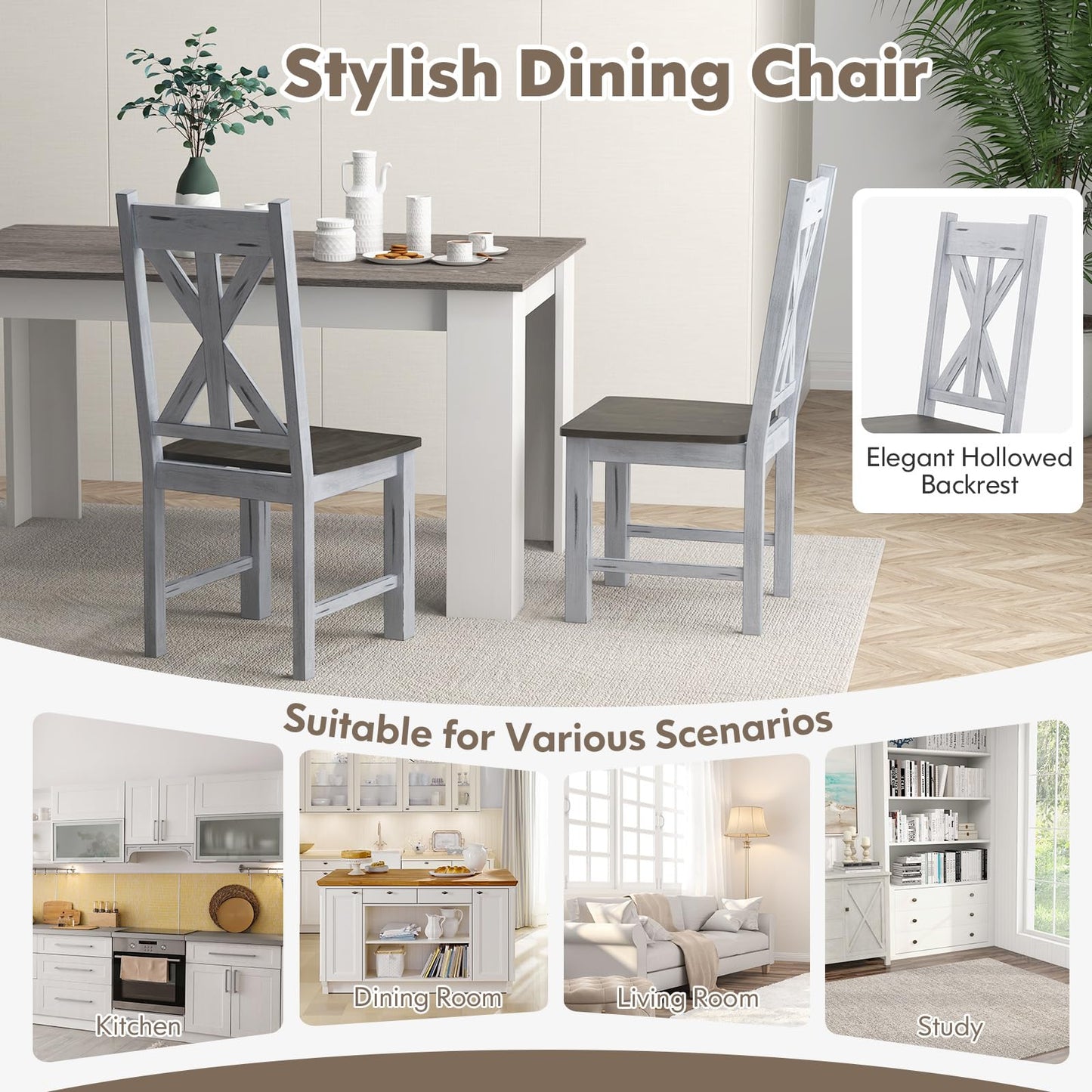 Giantex Retro Wooden Dining Chairs Set of 2, Farmhouse Kitchen Chairs w/Rubber Wood Frame, Elegant Hollowed Backrest, Armless Dining Room Chairs, Rustic Side Chairs for Restaurant, Living Room, Grey