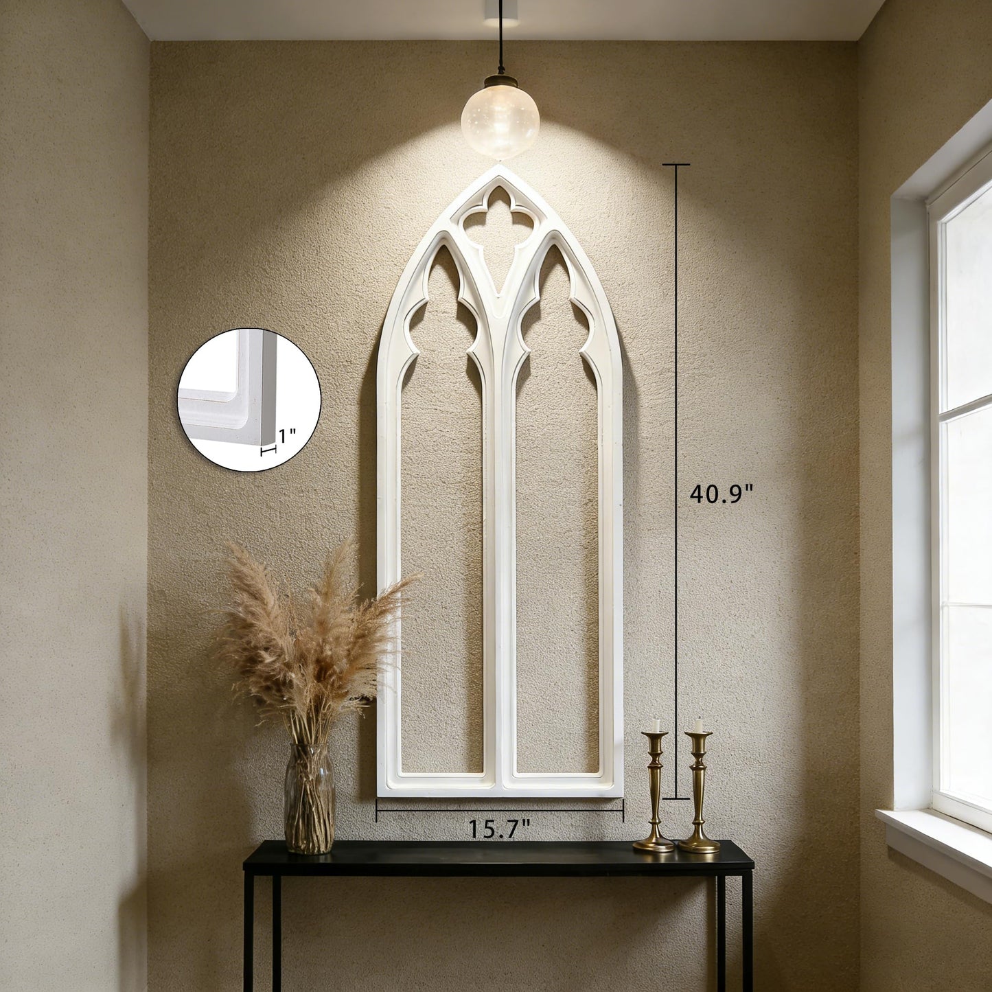 Sintosin Rustic Arched Window Frame Wall Decor 40 X 16 Inch, Hanging Distressed White Wooden Cathedral Farmhouse Faux Window Wall Art for Home Decor Living Room Bedroom Kitchen Hallway