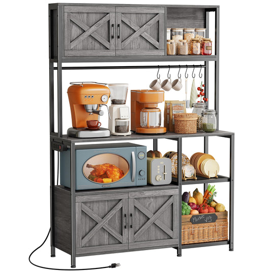 Huuger Large Bakers Rack with Power Outlet, Kitchen Microwave Stand with Cabinets, Coffee Bar Table Station with Storage, 6 S-Shaped Hooks, Mesh Shelves, 45 Inch Wooden Top, Grey