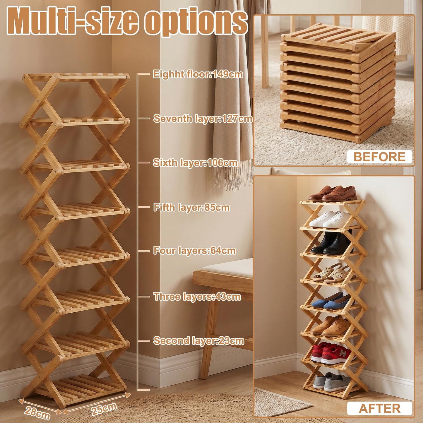 Magnitt Shoe Racks, Foldable Shoes Organizer Free Standing Shelf for Entryway, Closet, Bedroom, Hallway, | Natural | Functional | Multifunctional Shoe Rack (Seven Layers of Primary Colors)