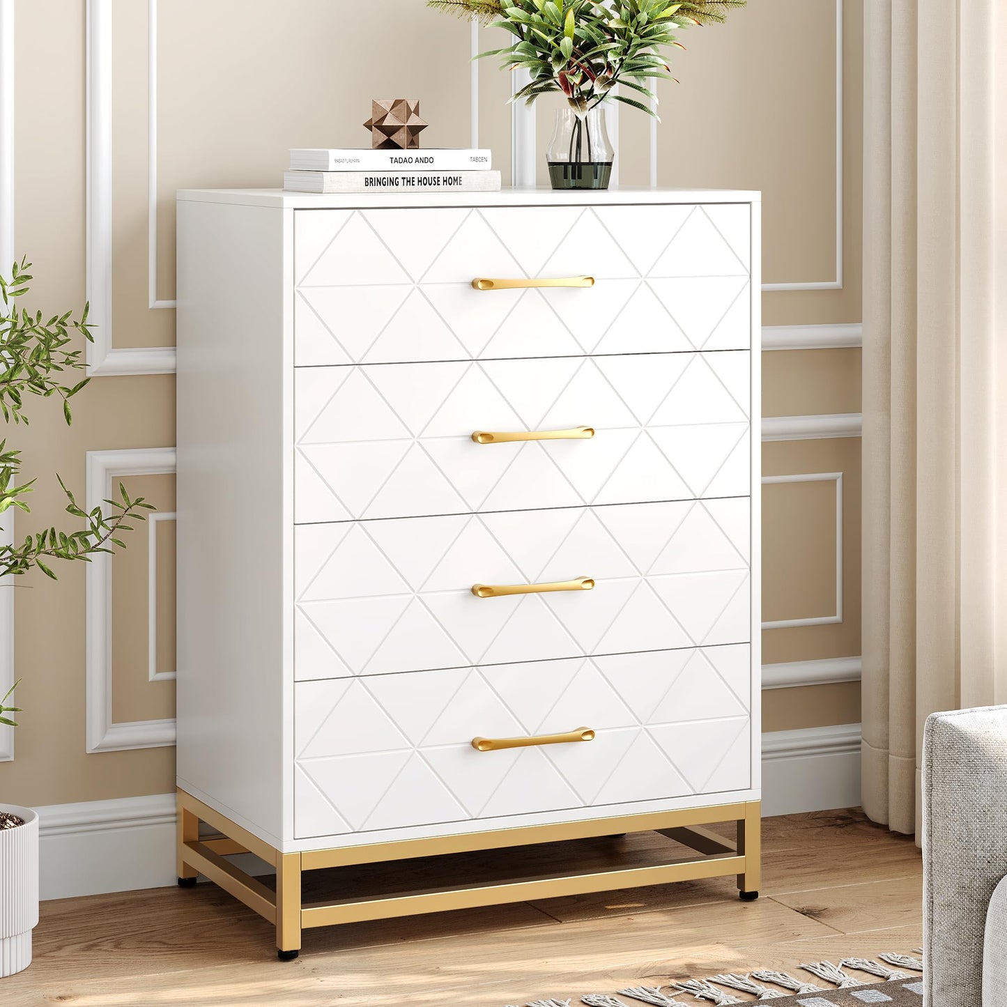GarveeHome Wooden Dresser for Bedroom, Dressers & Chest of Drawers with 4 Drawer, Wood nightstand for Storage and Organization (White)