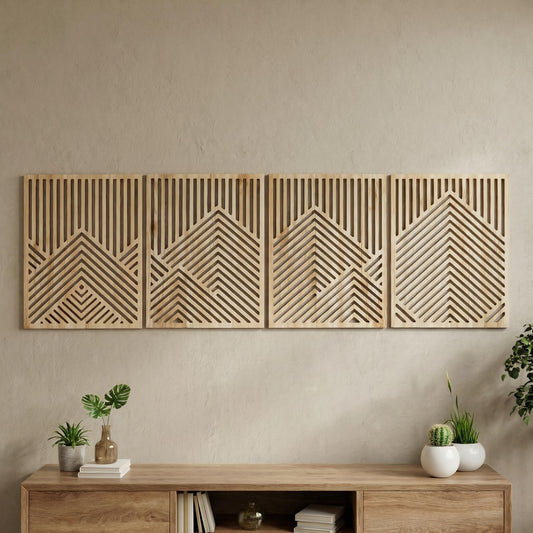 Wesiti 4 Pcs Wooden Mountain Wall Art Decor Large Abstract Wall Art for Living Room Modern Wood Panel Line Sculptures Nature Rustic Forest Hanging Decor for Office Bedroom Bathroom 15.7 x 12.2''