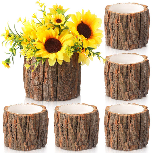 RimCereal 6 Pcs Wooden Vase for Centerpieces Wedding Flower Table Centerpieces Woodland Party Decor Rustic Farmhouse Bark Stump Buckets Vintage Planter Pots for Garden Baby Shower Window Home (Large)