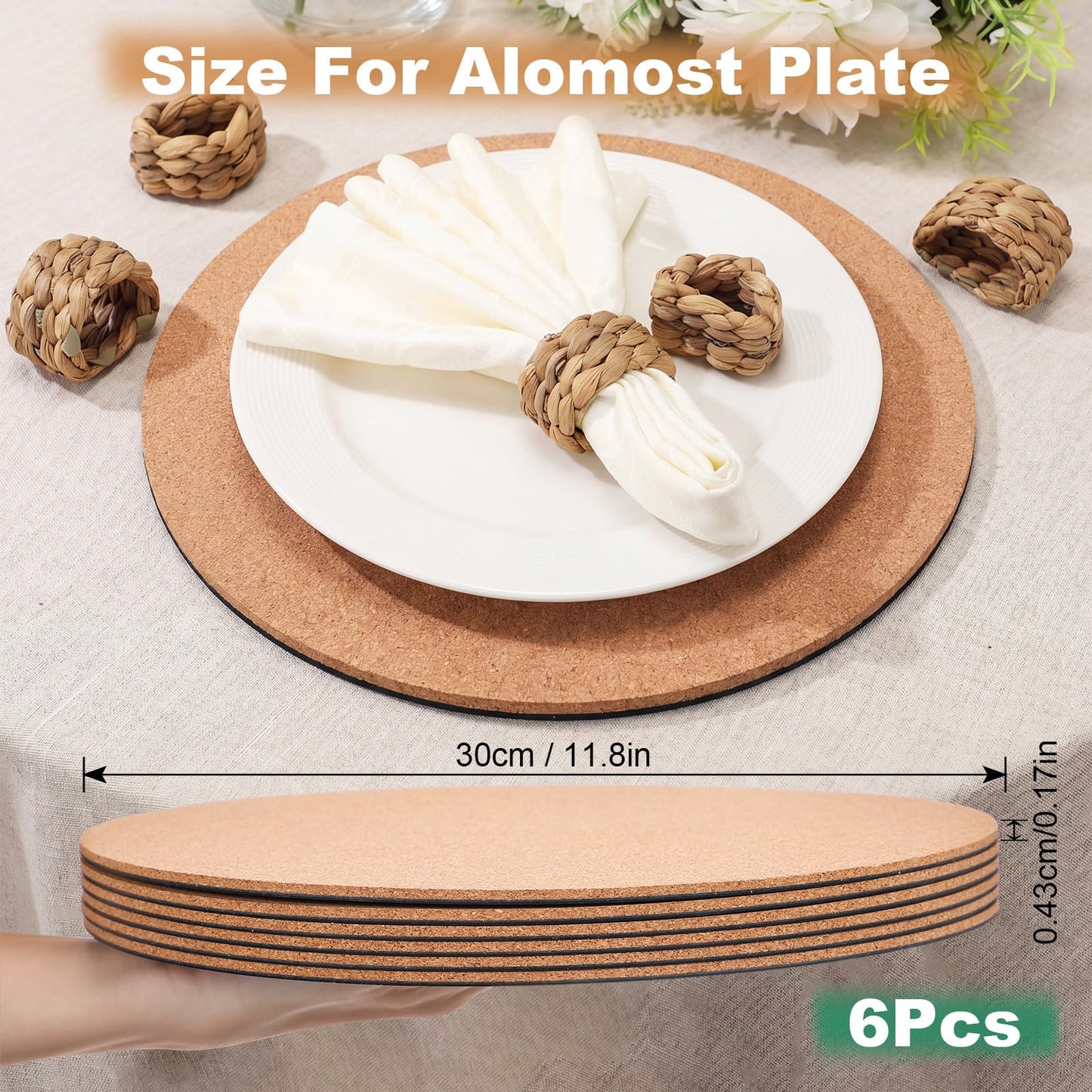 Gandeer Set of 6 Round Cork Placemats Rustic Heat Resistant Wooden Place Mats Cork Trivets for Hot Dishes High Density Thick Wood Coasters Non-Slip Hot Pads for Kitchen and Dining Tables Easy Clean