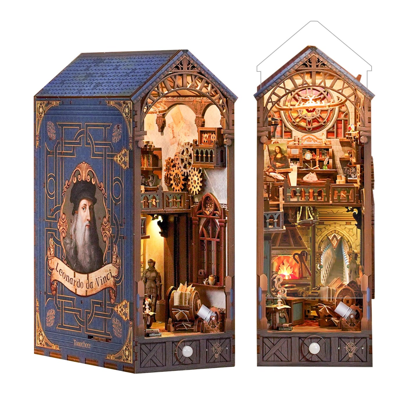 Tonecheer DIY Book Nook Kit for Adults, 3D Puzzle Wooden Miniature House Kit, Booknook Dollhouse Bookshelf Insert Decor Bookend with Dust Cover and LED Lights Gifts (Leonardo da Vinci)